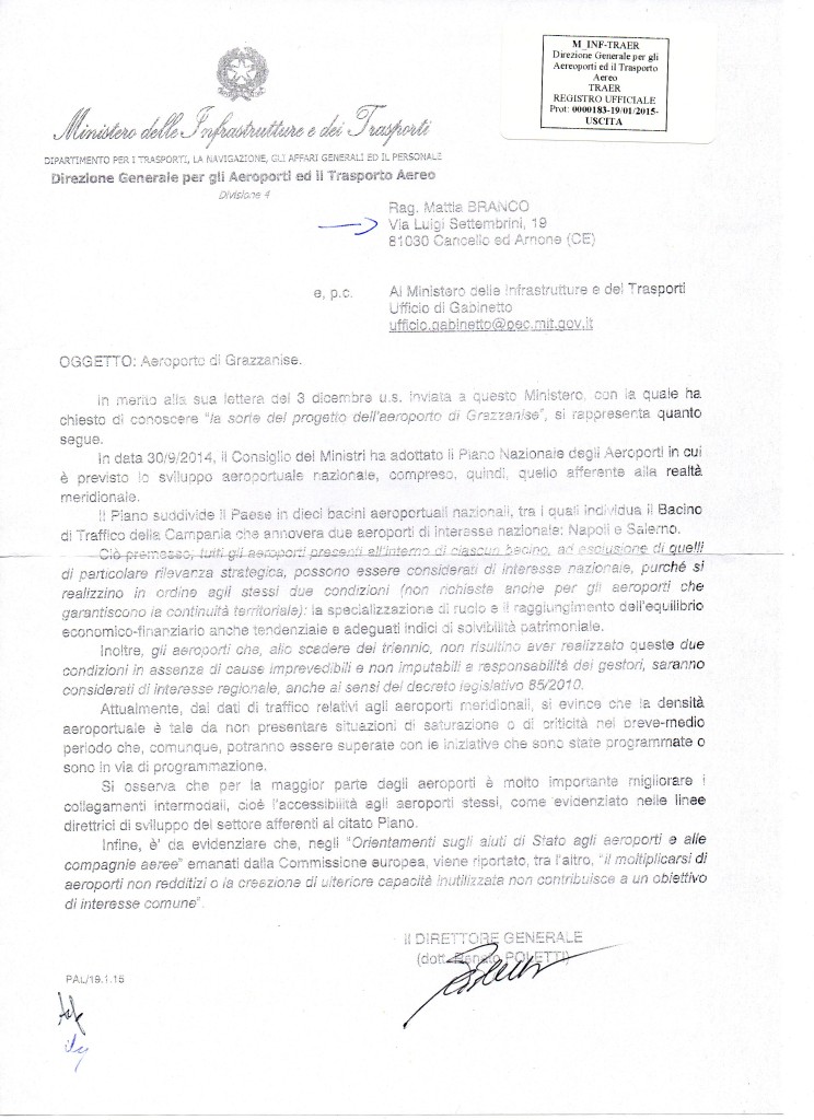 Ultima Lettera avuta dalla Direzione generale Aereoporti ed il trasporto Aereo